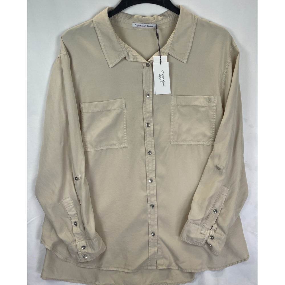 Calvin Klein Jeans Women's Beige Roll-Tab Utility Shirt Top Plus Size 2X NWT